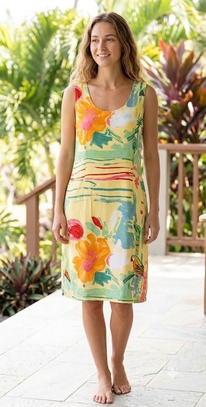 Vintage Jams World Hawaiian Janice Tank Dress Yellow Parrot 5 US Small
